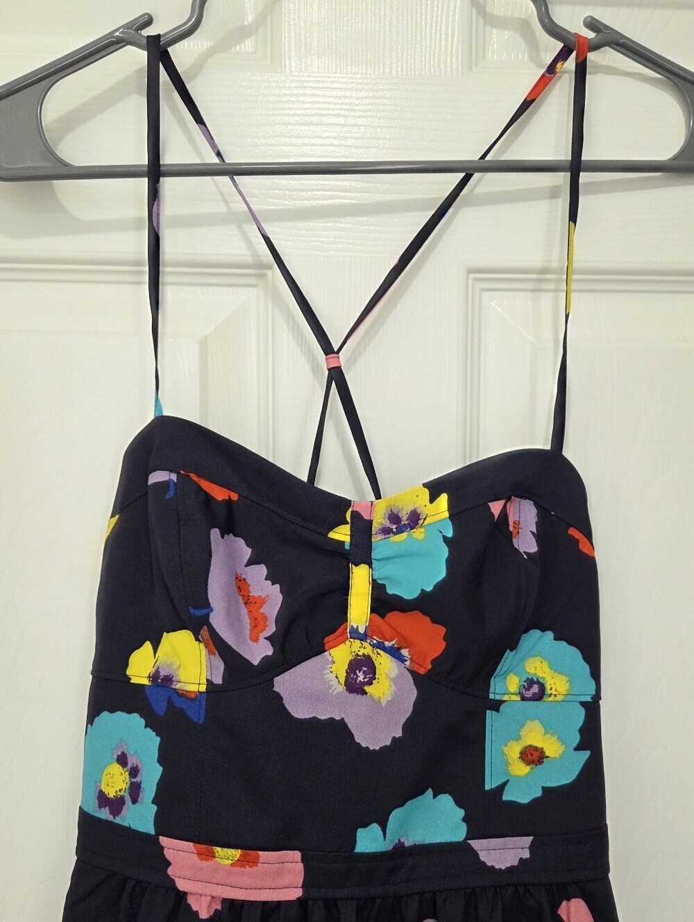American Eagle Rainbow Poppy Floral Blue Mini Sundress with Pockets Size 2 - Picture 2 of 10